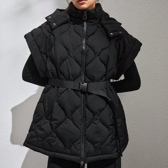 Black Casual Women's Zip Up Belted Vest Puffer Coat - Picture 7 of 7